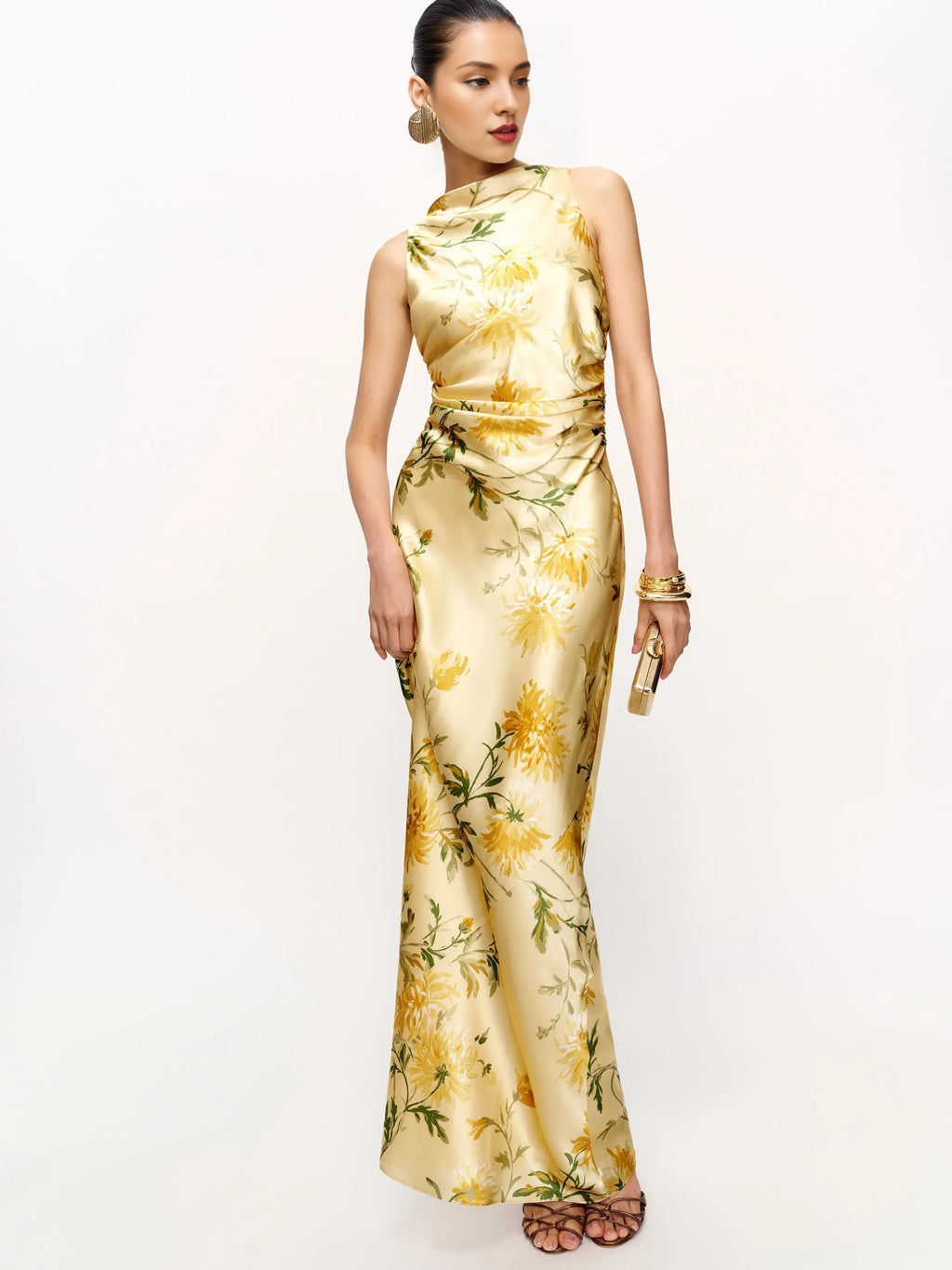Dress Fashion Flower Printed Cowl Neck Sleeveless Mermaid Prom Dress Maxi Dress Backless Evening Dress