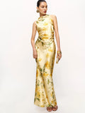 Dress Fashion Flower Printed Cowl Neck Sleeveless Mermaid Prom Dress Maxi Dress Backless Evening Dress