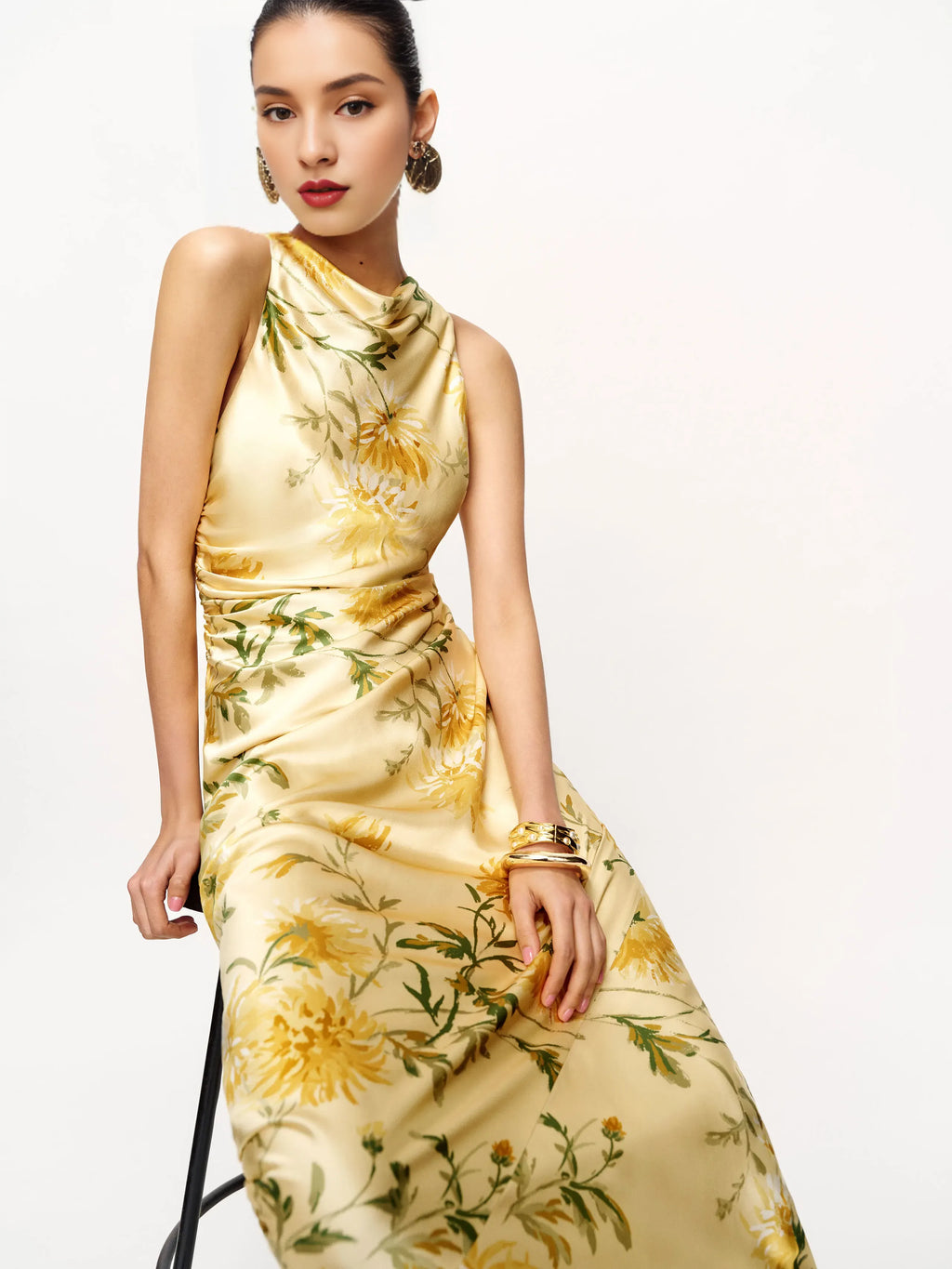 Dress Fashion Flower Printed Cowl Neck Sleeveless Mermaid Prom Dress Maxi Dress Backless Evening Dress