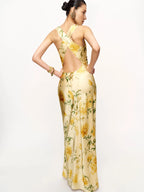 Dress Fashion Flower Printed Cowl Neck Sleeveless Mermaid Prom Dress Maxi Dress Backless Evening Dress