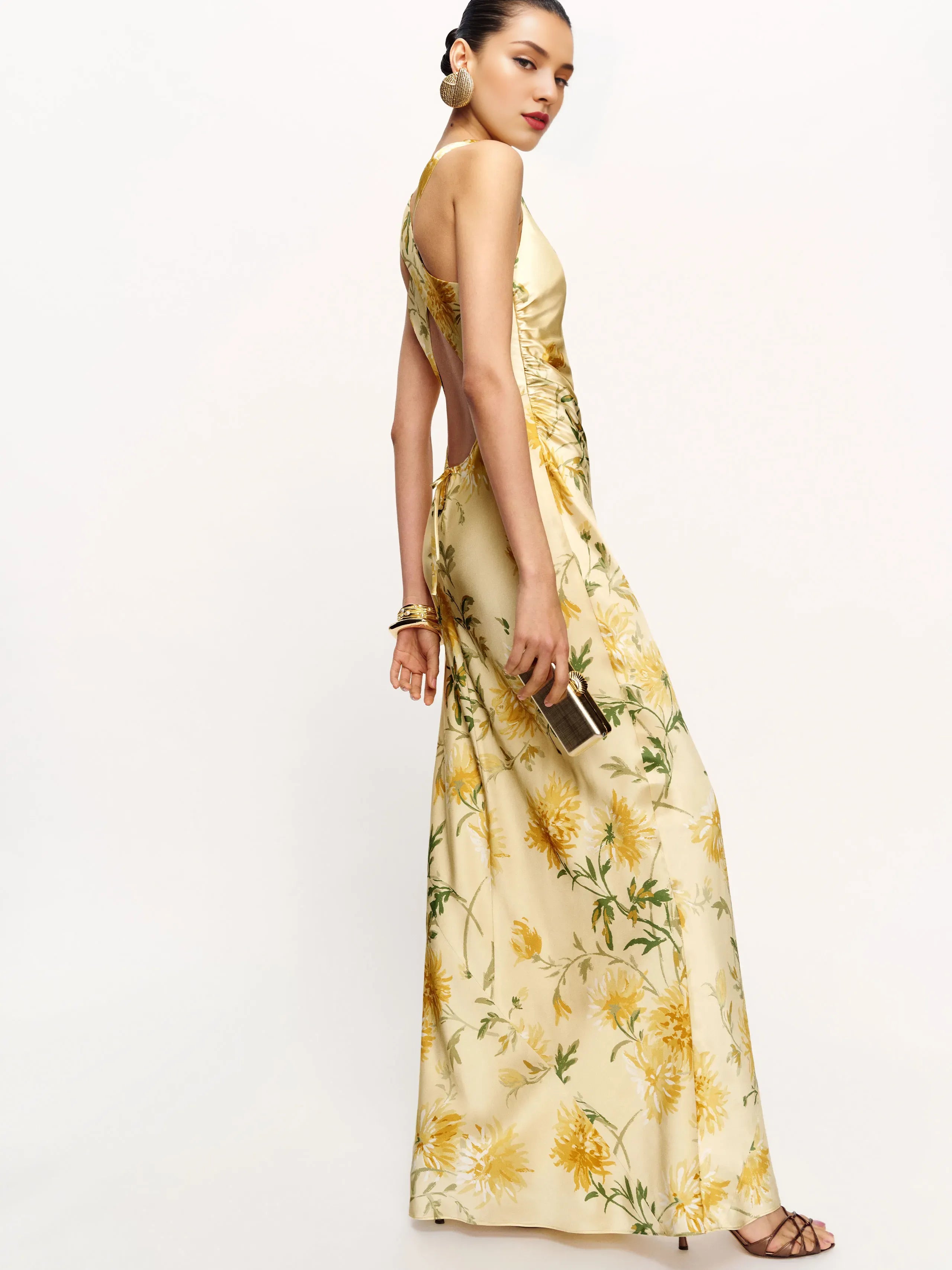 Dress Fashion Flower Printed Cowl Neck Sleeveless Mermaid Prom Dress Maxi Dress Backless Evening Dress