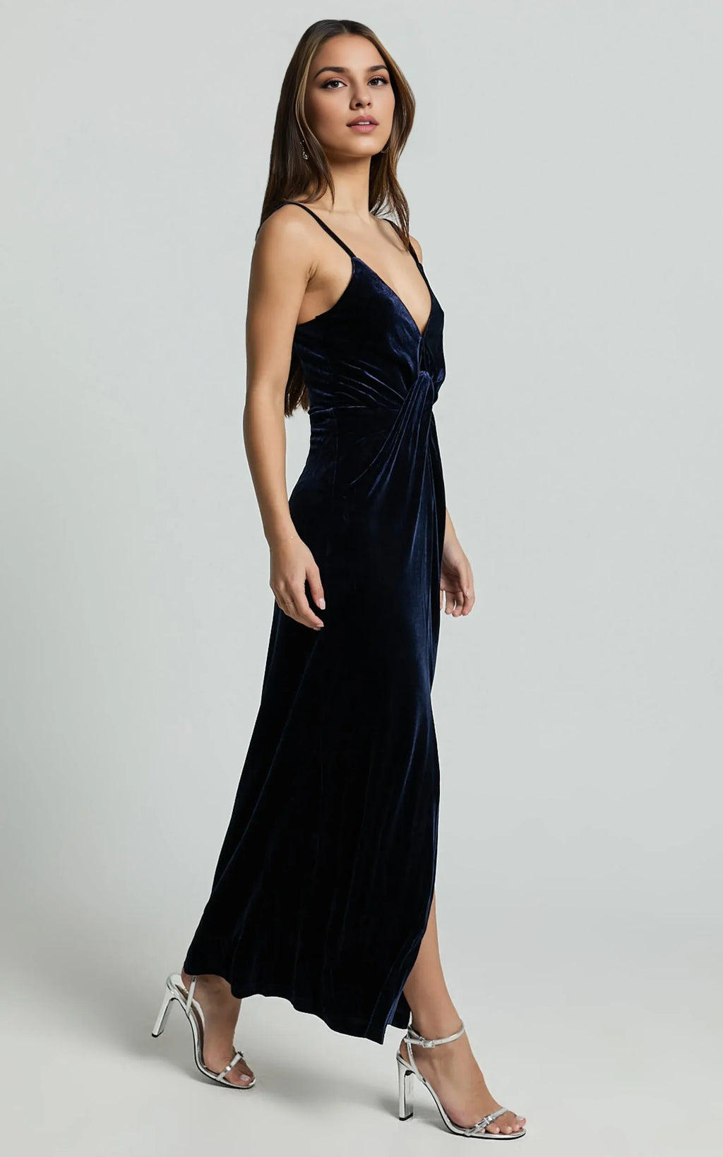 Navy Dress Fashion Front Twist Thigh Split Midi Dress Spaghetti Straps V Neck Sleeveless Evening Dress