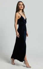 Navy Dress Fashion Front Twist Thigh Split Midi Dress Spaghetti Straps V Neck Sleeveless Evening Dress
