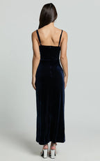 Navy Dress Fashion Front Twist Thigh Split Midi Dress Spaghetti Straps V Neck Sleeveless Evening Dress