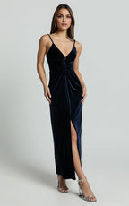 Navy Dress Fashion Front Twist Thigh Split Midi Dress Spaghetti Straps V Neck Sleeveless Evening Dress