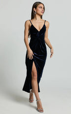 Navy Dress Fashion Front Twist Thigh Split Midi Dress Spaghetti Straps V Neck Sleeveless Evening Dress