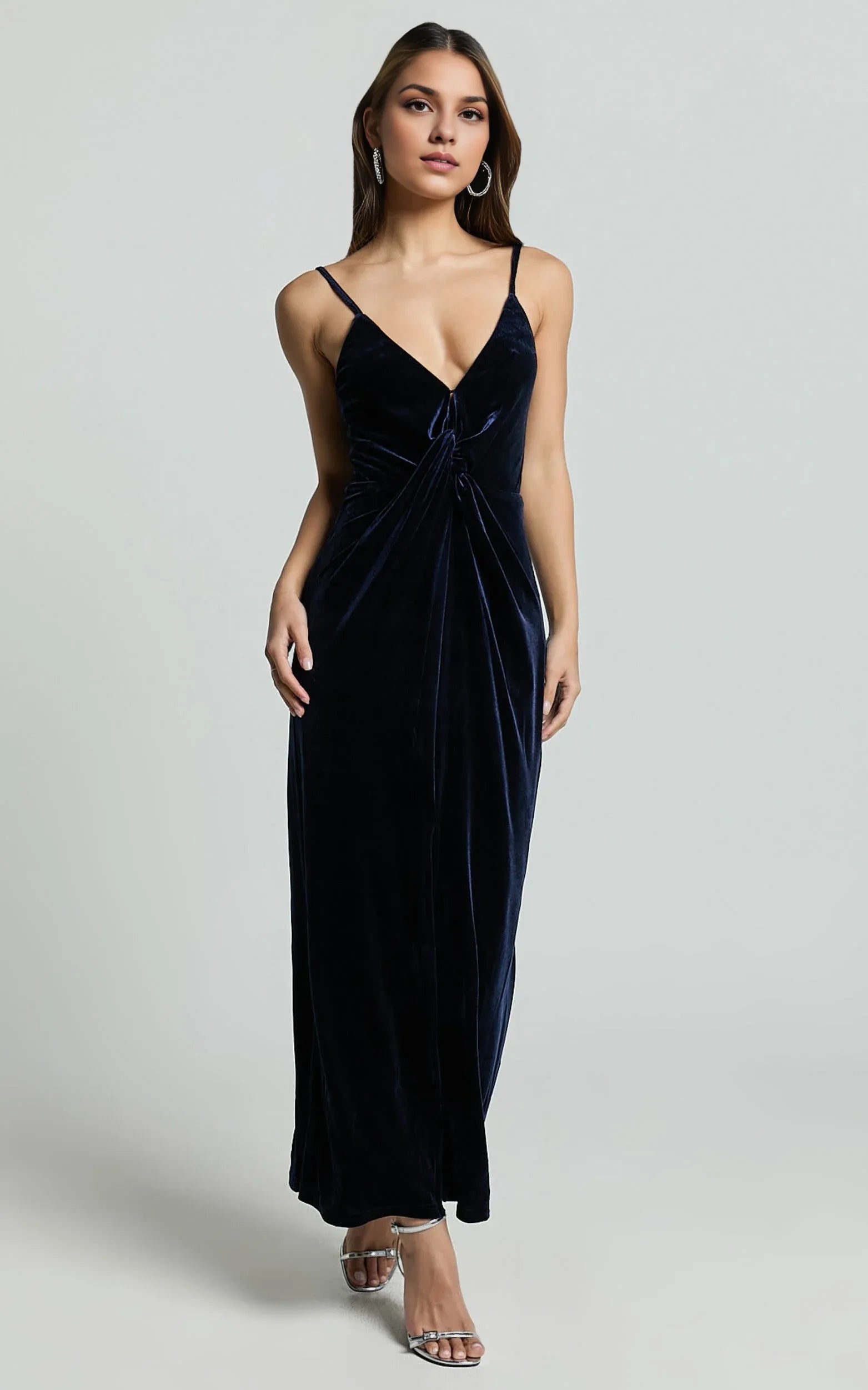 Navy Dress Fashion Front Twist Thigh Split Midi Dress Spaghetti Straps V Neck Sleeveless Evening Dress