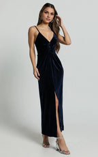 Navy Dress Fashion Front Twist Thigh Split Midi Dress Spaghetti Straps V Neck Sleeveless Evening Dress