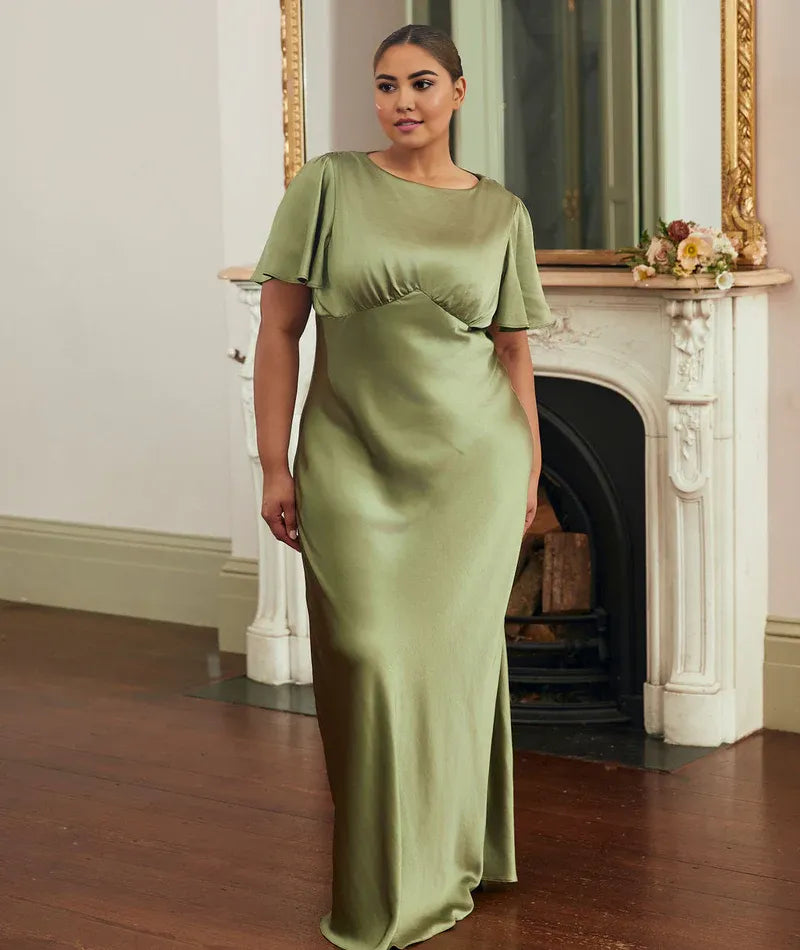 Dress Fashion Gathered Bust Bridesmaid Dress Maxi Dress Solid Color Champagne Flutter Sleeve Column Prom Dress
