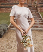 Dress Fashion Gathered Bust Bridesmaid Dress Maxi Dress Solid Color Champagne Flutter Sleeve Column Prom Dress