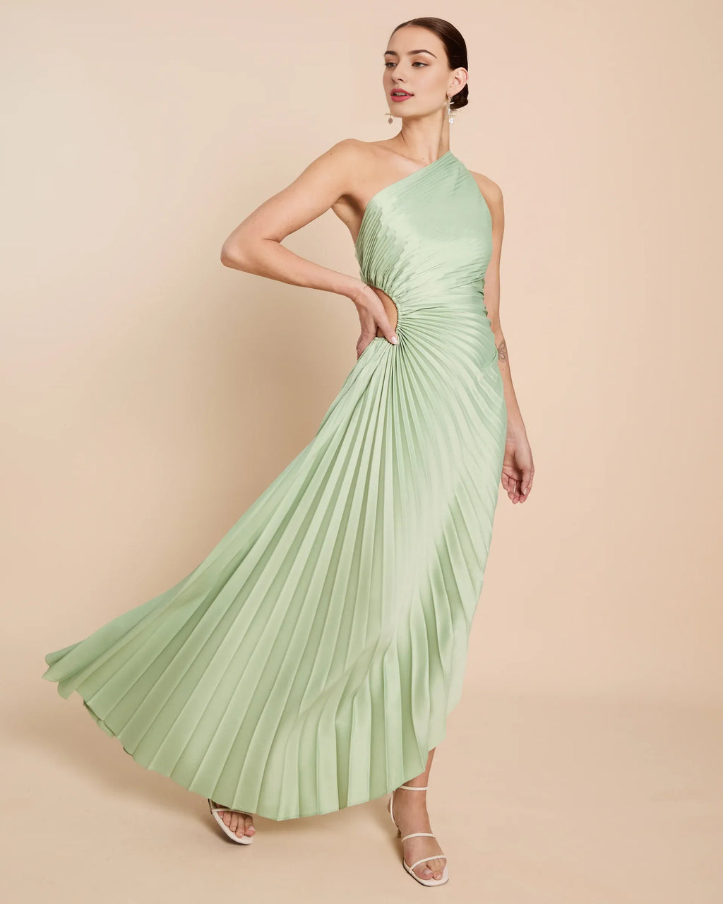 Dress Fashion One Shoulder Evening Dress Sleeveless Cutout Waist Solid Color A-line Prom Dress