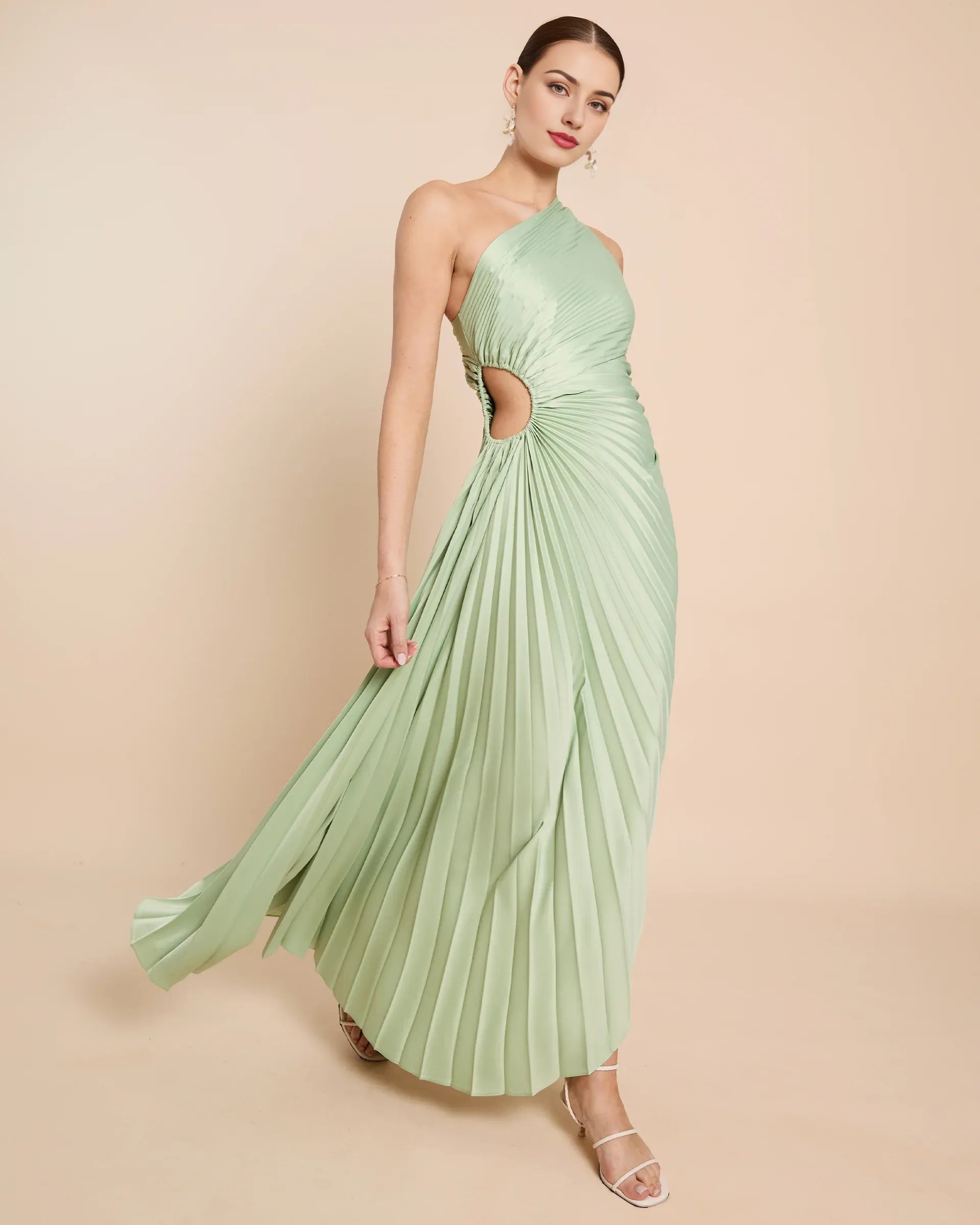 Dress Fashion One Shoulder Evening Dress Sleeveless Cutout Waist Solid Color A-line Prom Dress