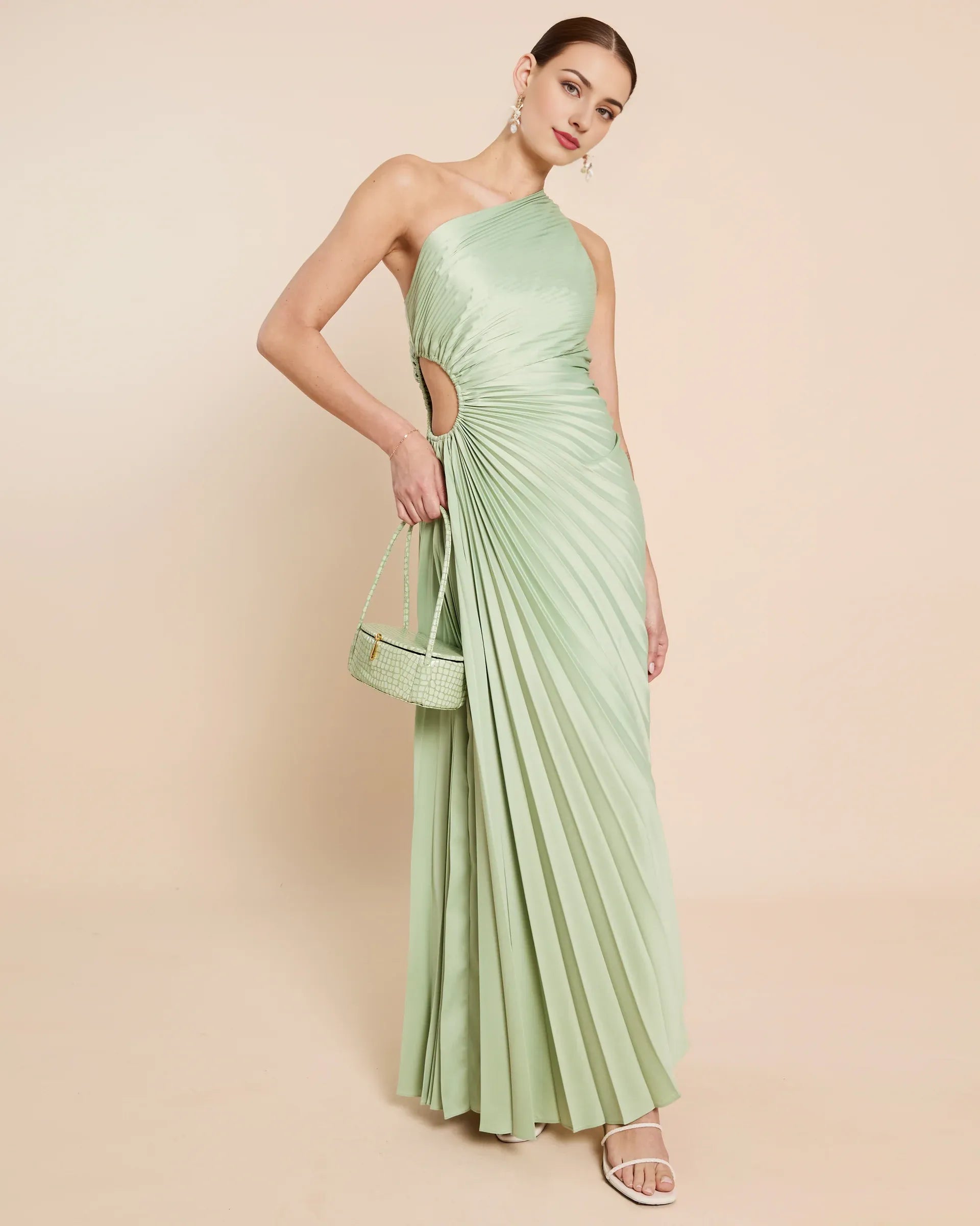 Dress Fashion One Shoulder Evening Dress Sleeveless Cutout Waist Solid Color A-line Prom Dress
