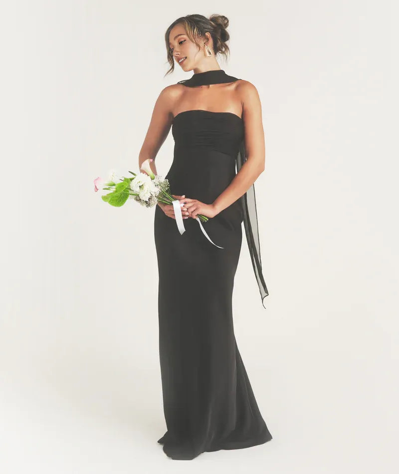 Dress Fashion Pleated Strapless Bridesmaid Dress Maxi Dress Backless Solid Color Sleeveless Prom Dress With Scarf