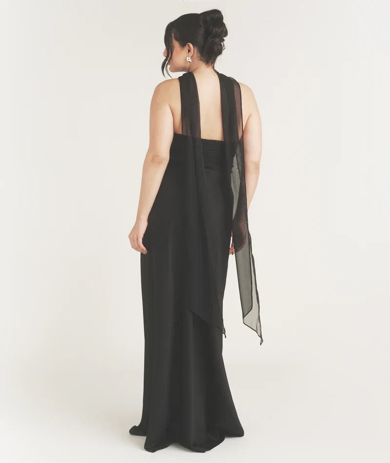Dress Fashion Pleated Strapless Bridesmaid Dress Maxi Dress Backless Solid Color Sleeveless Prom Dress With Scarf