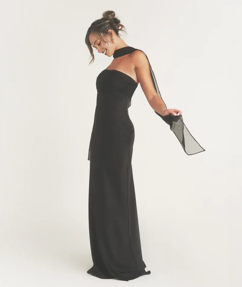 Dress Fashion Pleated Strapless Bridesmaid Dress Maxi Dress Backless Solid Color Sleeveless Prom Dress With Scarf