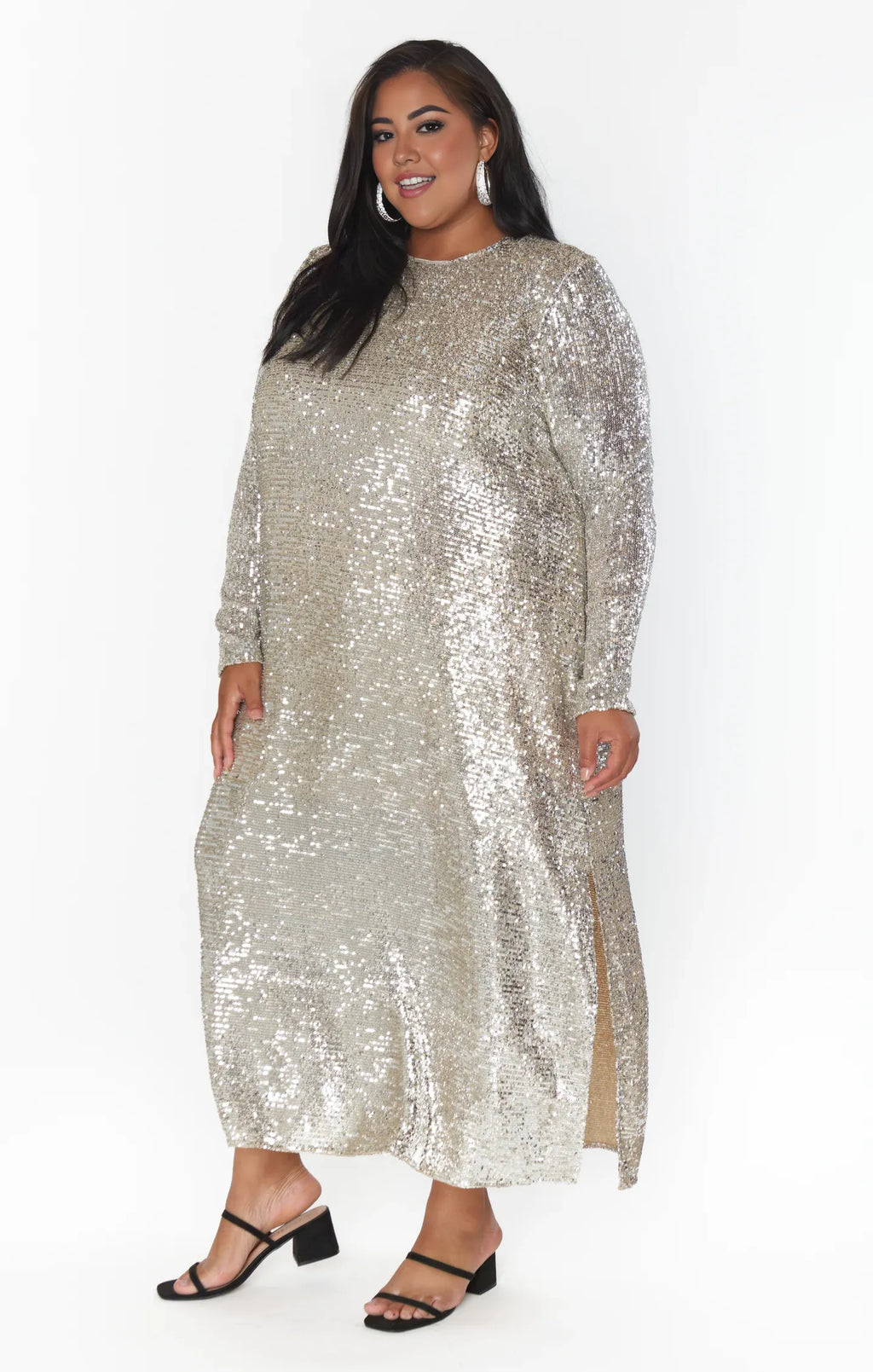 Dress Fashion Round Neck Long Sleeves Maxi Dress Column Sequins Full Coverage Prom Dress With Slit