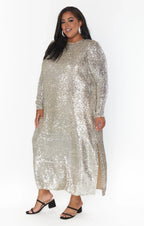 Dress Fashion Round Neck Long Sleeves Maxi Dress Column Sequins Full Coverage Prom Dress With Slit
