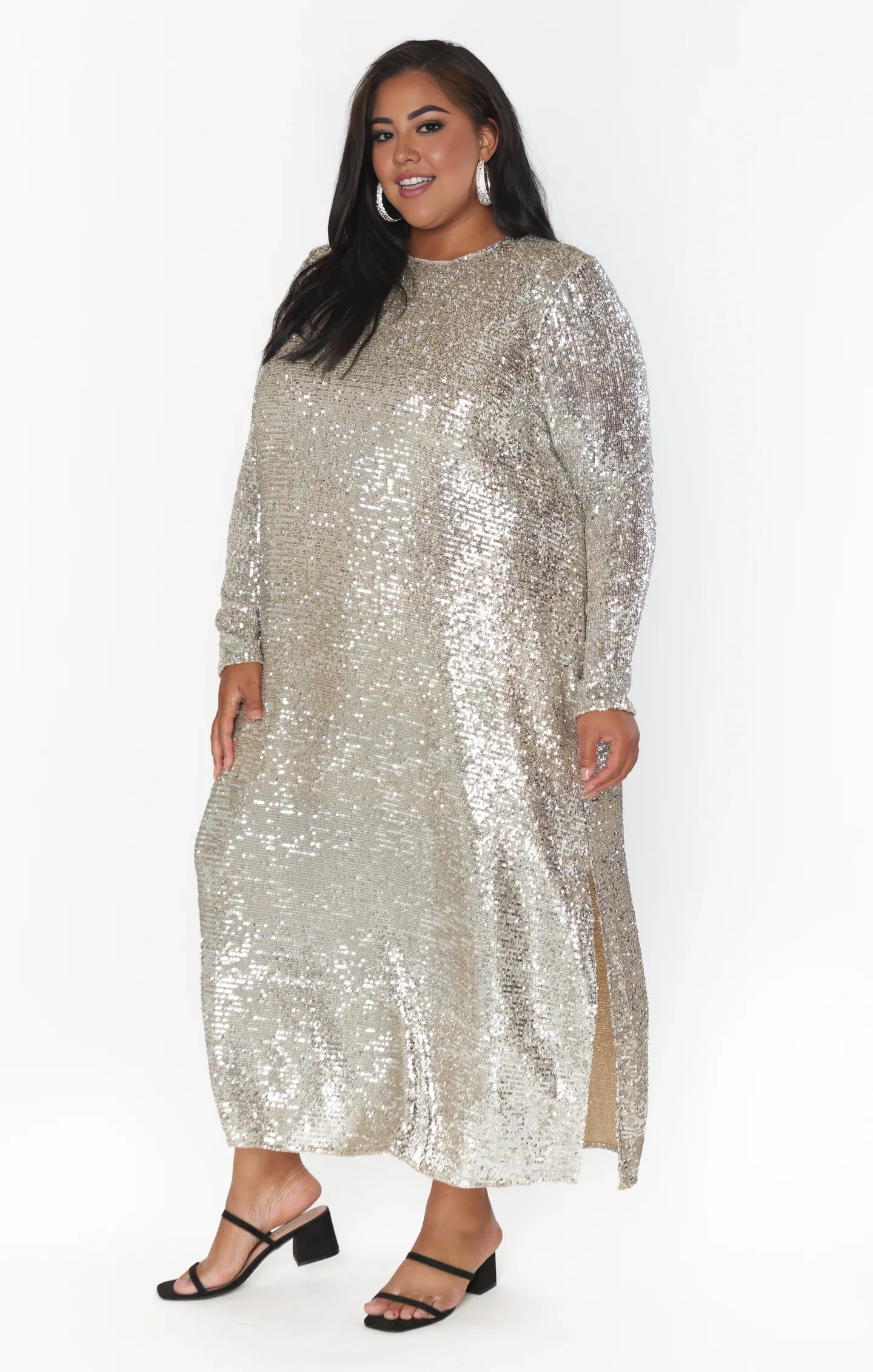 Dress Fashion Round Neck Long Sleeves Maxi Dress Column Sequins Full Coverage Prom Dress With Slit