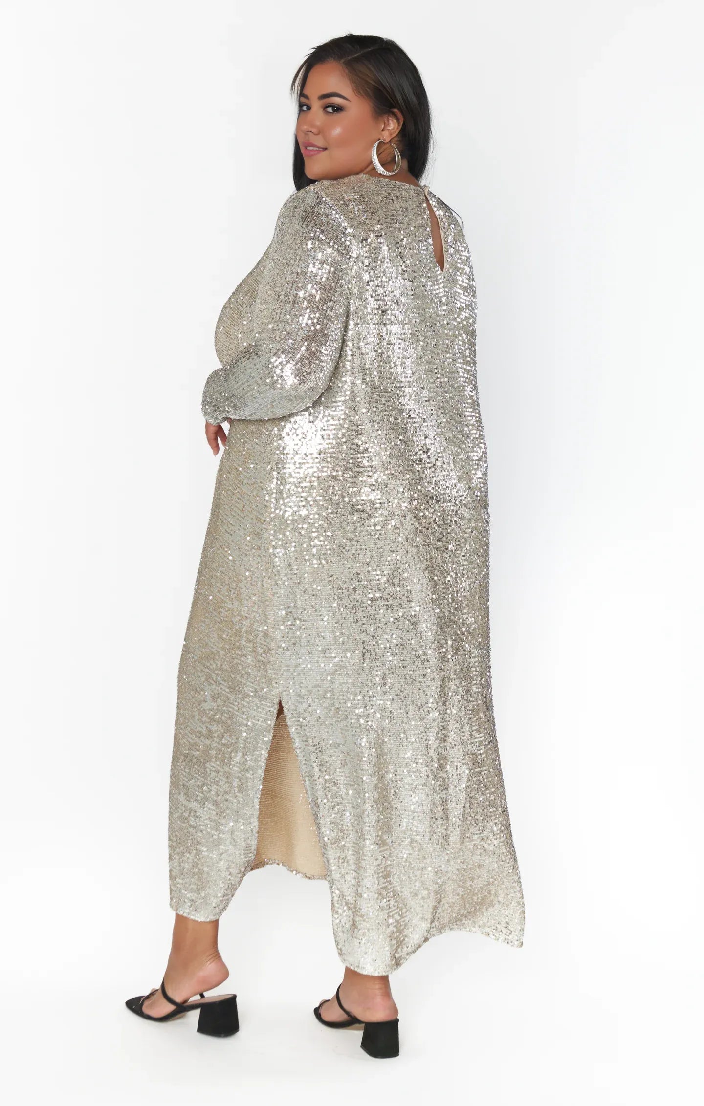 Dress Fashion Round Neck Long Sleeves Maxi Dress Column Sequins Full Coverage Prom Dress With Slit