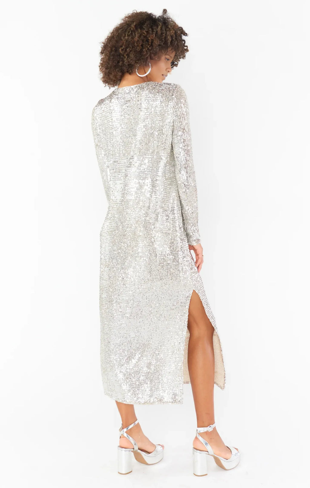 Dress Fashion Round Neck Long Sleeves Maxi Dress Column Sequins Full Coverage Prom Dress With Slit