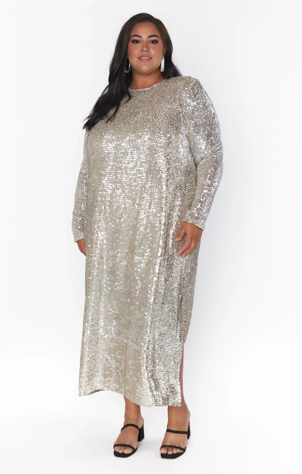 Dress Fashion Round Neck Long Sleeves Maxi Dress Column Sequins Full Coverage Prom Dress With Slit