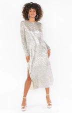 Dress Fashion Round Neck Long Sleeves Maxi Dress Column Sequins Full Coverage Prom Dress With Slit