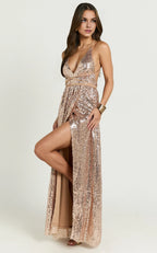 Rose Gold Dress Fashion Plunge Front High Split Maxi Dress A-Line Sleeveless Backless Evening Dress