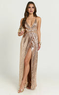 Rose Gold Dress Fashion Plunge Front High Split Maxi Dress A-Line Sleeveless Backless Evening Dress