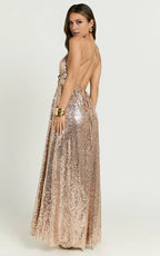 Rose Gold Dress Fashion Plunge Front High Split Maxi Dress A-Line Sleeveless Backless Evening Dress