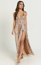 Rose Gold Dress Fashion Plunge Front High Split Maxi Dress A-Line Sleeveless Backless Evening Dress