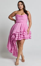 Pink Dress Fashion Strapless Asymmetrical Tie Mini Cocktail Dresses Pink A-Line Sleeveless Solid Color Homecoming Dress