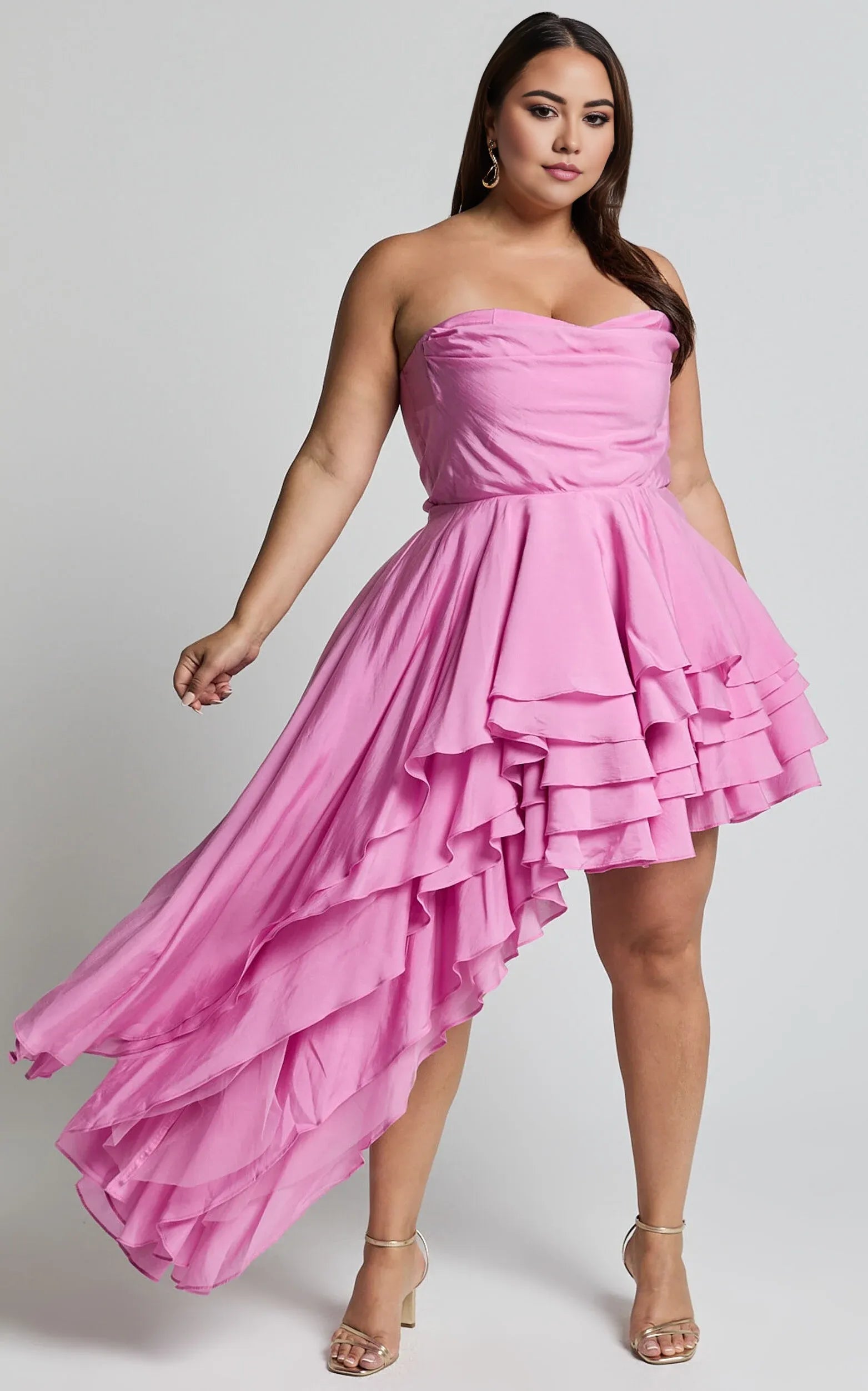 Pink Dress Fashion Strapless Asymmetrical Tie Mini Cocktail Dresses Pink A-Line Sleeveless Solid Color Homecoming Dress