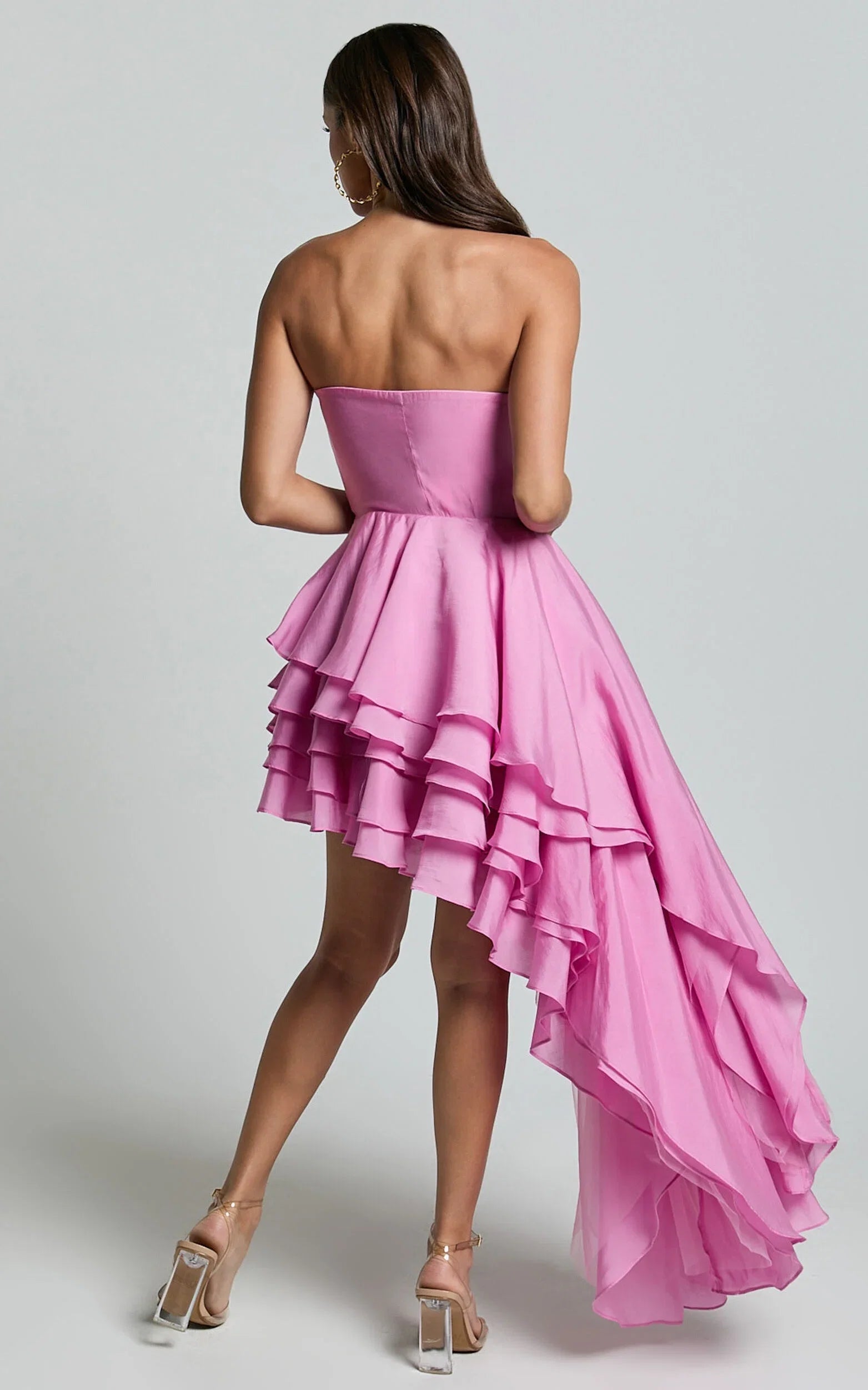 Pink Dress Fashion Strapless Asymmetrical Tie Mini Cocktail Dresses Pink A-Line Sleeveless Solid Color Homecoming Dress