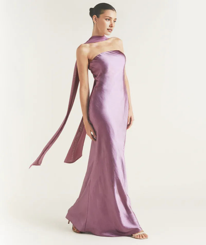 Dress Fashion Strapless Neck Bridesmaid Dress Maxi Dress Backless Solid Color Sleeveless Prom Dress With Scarf