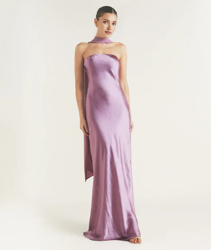 Dress Fashion Strapless Neck Bridesmaid Dress Maxi Dress Backless Solid Color Sleeveless Prom Dress With Scarf