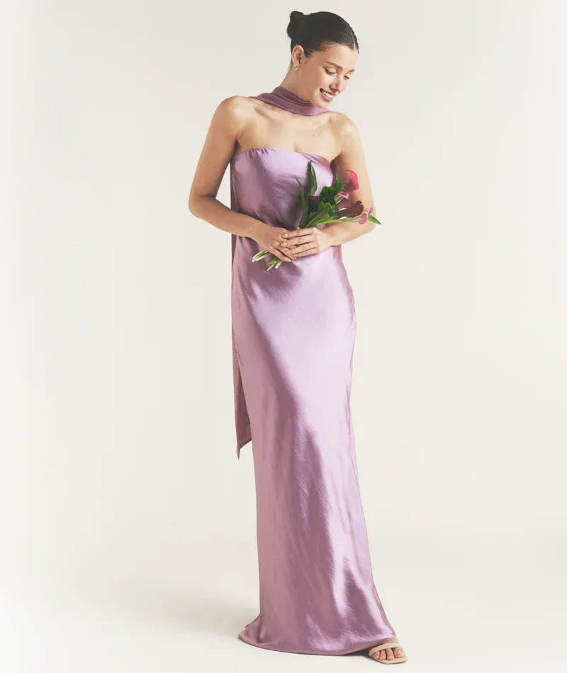 Dress Fashion Strapless Neck Bridesmaid Dress Maxi Dress Backless Solid Color Sleeveless Prom Dress With Scarf
