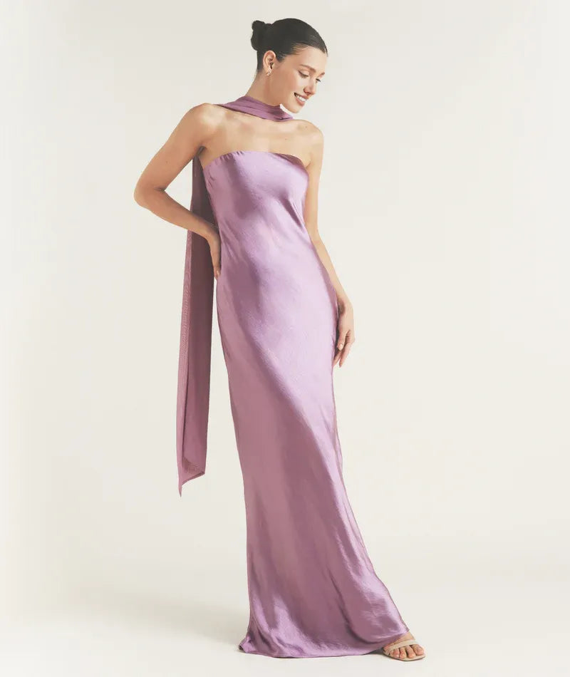 Dress Fashion Strapless Neck Bridesmaid Dress Maxi Dress Backless Solid Color Sleeveless Prom Dress With Scarf