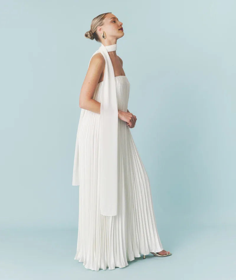 Dress Fashion Strapless Pleated Bandeau Maxi Dress A-Line Solid Color Sleeveless Wedding Dress
