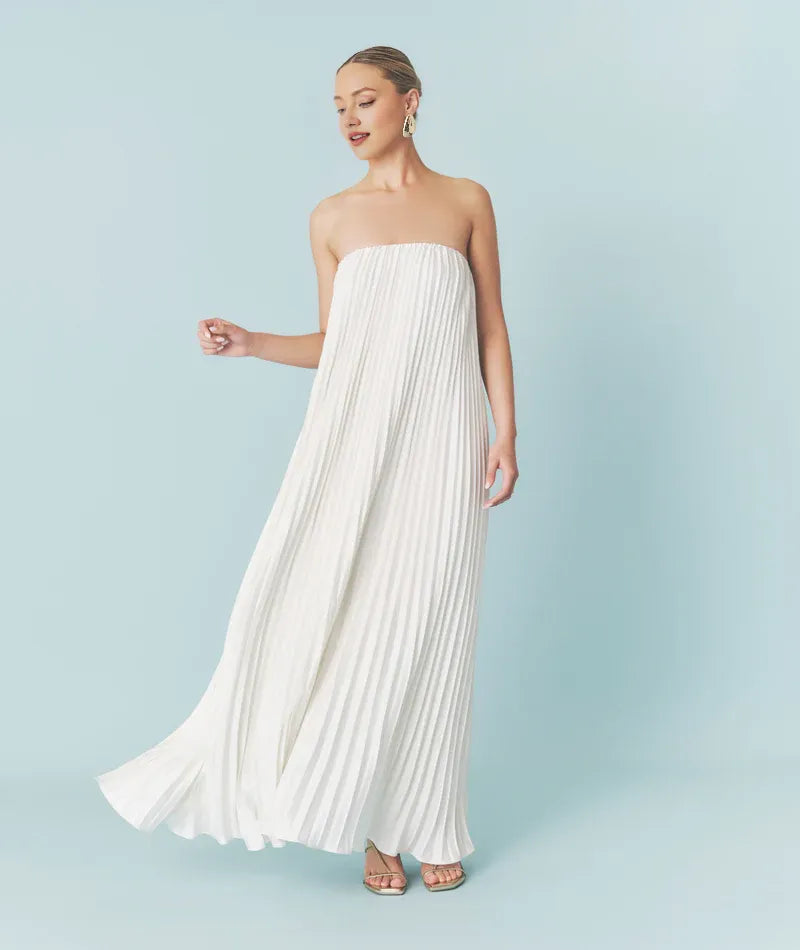 Dress Fashion Strapless Pleated Bandeau Maxi Dress A-Line Solid Color Sleeveless Wedding Dress