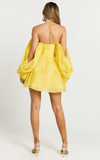 Yellow Dress Fashion Sweetheart Off Shoulder Mini Dress A-Line Long Sleeve Backless Homecoming Dress