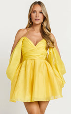 Yellow Dress Fashion Sweetheart Off Shoulder Mini Dress A-Line Long Sleeve Backless Homecoming Dress
