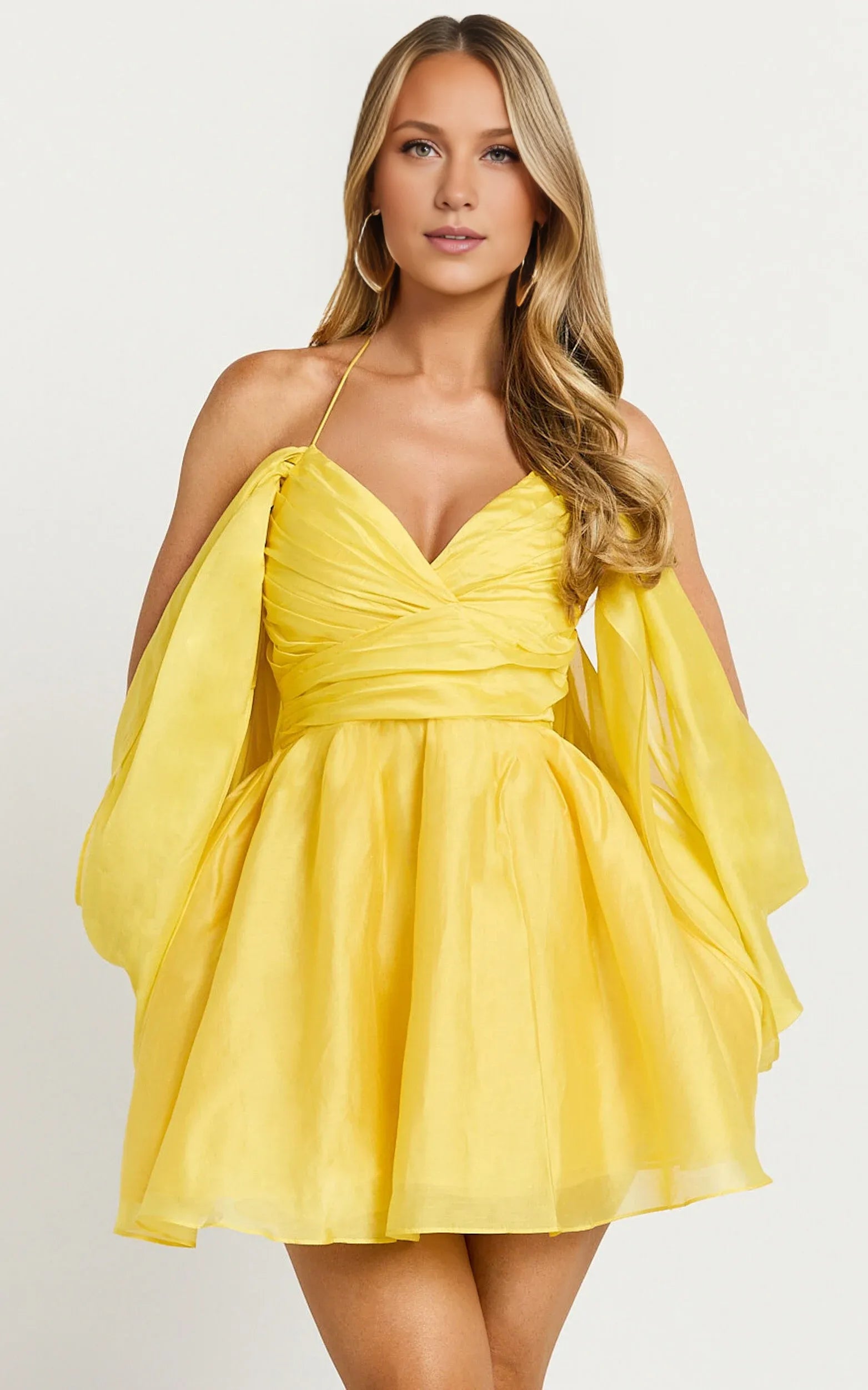 Yellow Dress Fashion Sweetheart Off Shoulder Mini Dress A-Line Long Sleeve Backless Homecoming Dress