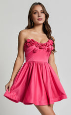 Pink Dress Fashion Sweetheart Rosette Detail Fit Mini Dress A-Line Sleeveless Backless Homecoming Dress