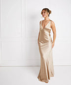 Dress Fashion Twist Back Bridesmaid Dress Maxi Dress Solid Color Champagne Deep V Neck Column Prom Dress