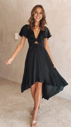 Black Dress Fashion V Neck Midi Dress A-Line Sleeveless Solid Color High Low Prom Dress
