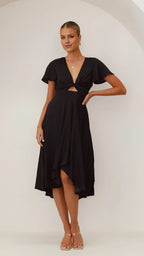 Black Dress Fashion V Neck Midi Dress A-Line Sleeveless Solid Color High Low Prom Dress