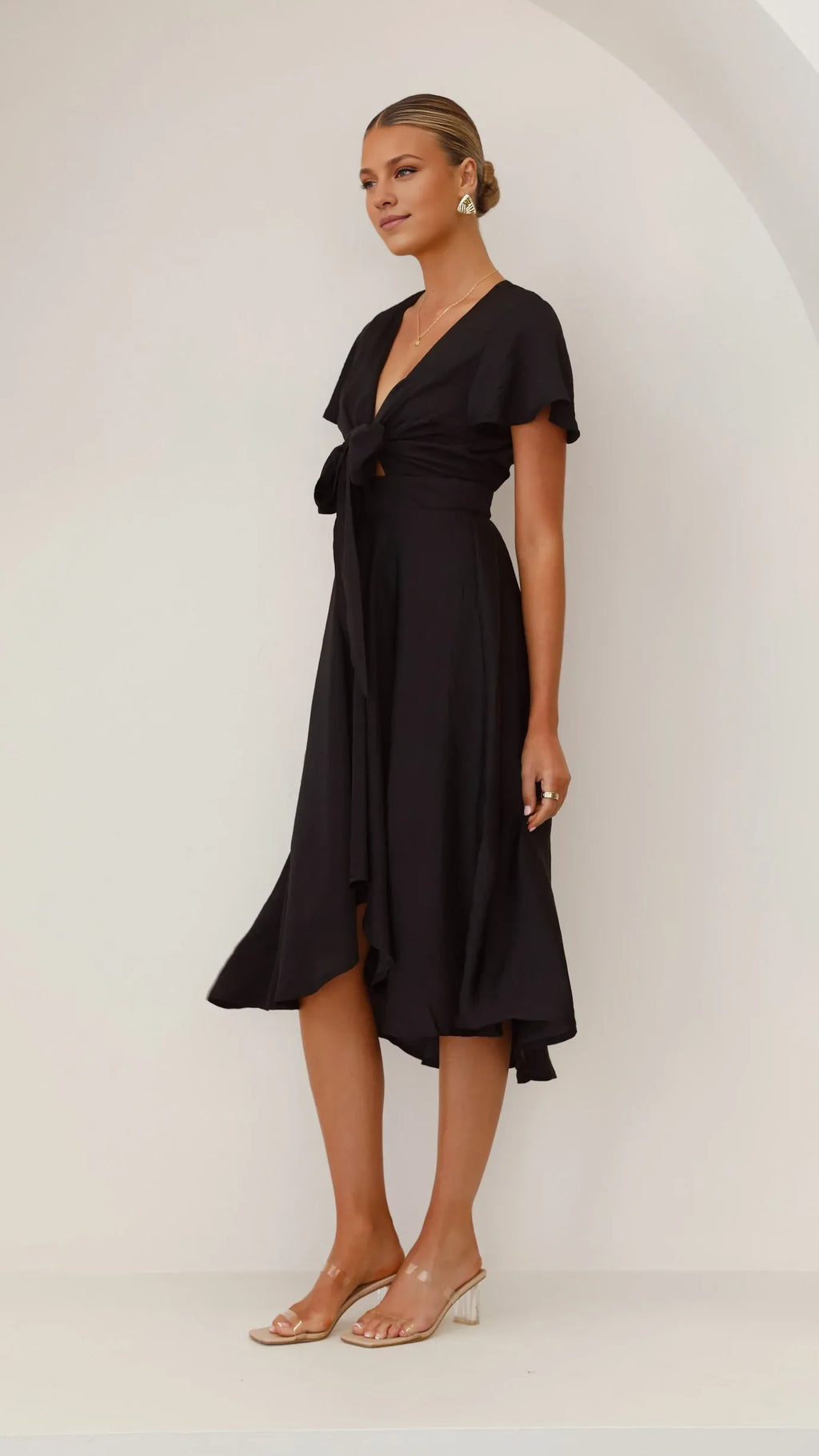 Black Dress Fashion V Neck Midi Dress A-Line Sleeveless Solid Color High Low Prom Dress