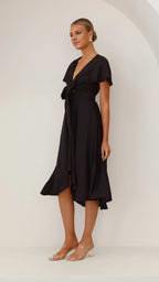 Black Dress Fashion V Neck Midi Dress A-Line Sleeveless Solid Color High Low Prom Dress