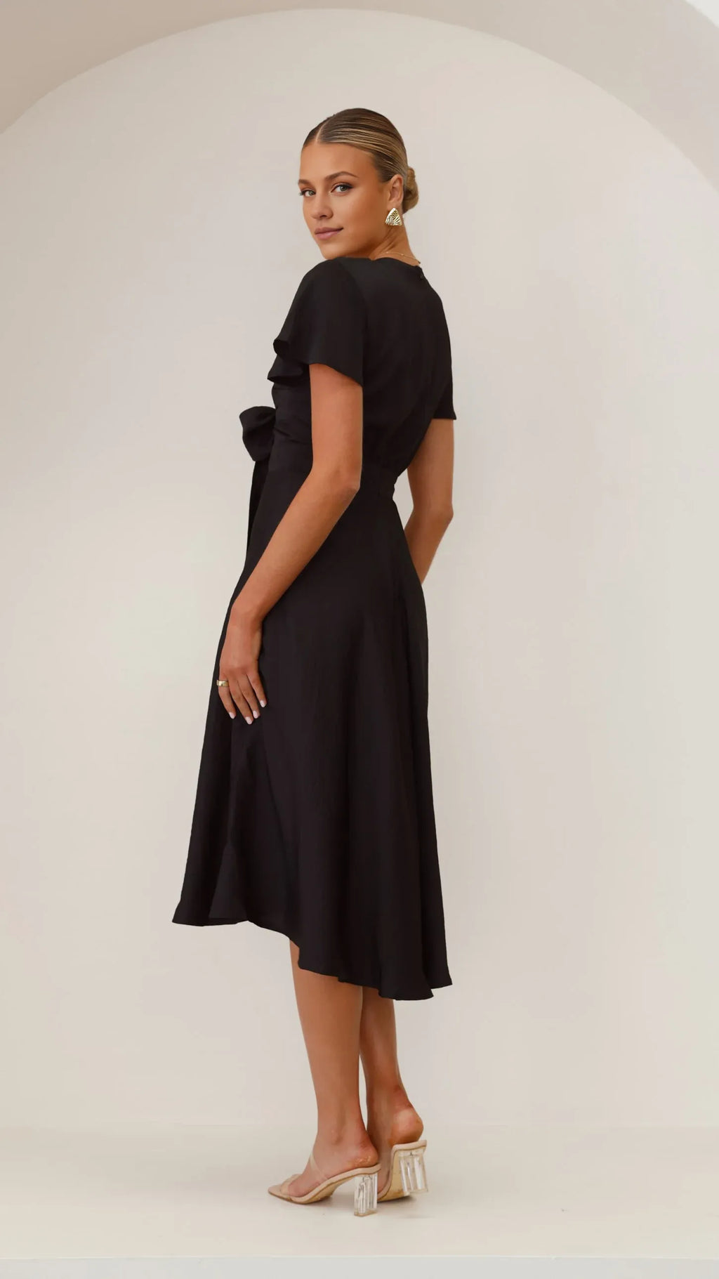 Black Dress Fashion V Neck Midi Dress A-Line Sleeveless Solid Color High Low Prom Dress